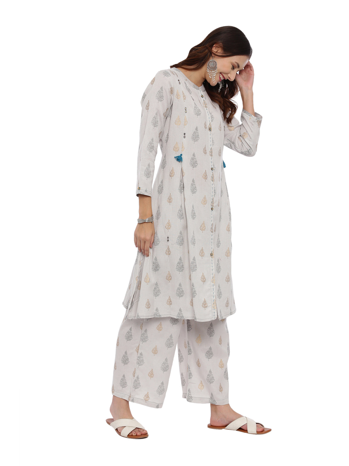 Neeru's Grey Printed Kurta With Palazzo & Dupatta