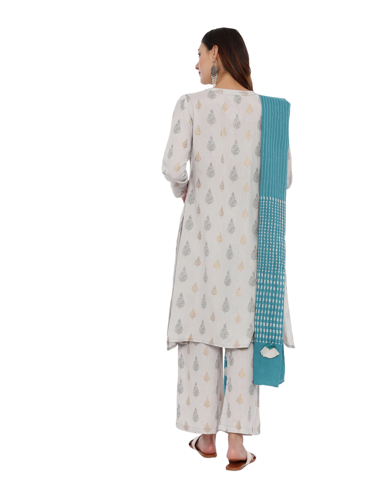 Neeru's Grey Printed Kurta With Palazzo & Dupatta