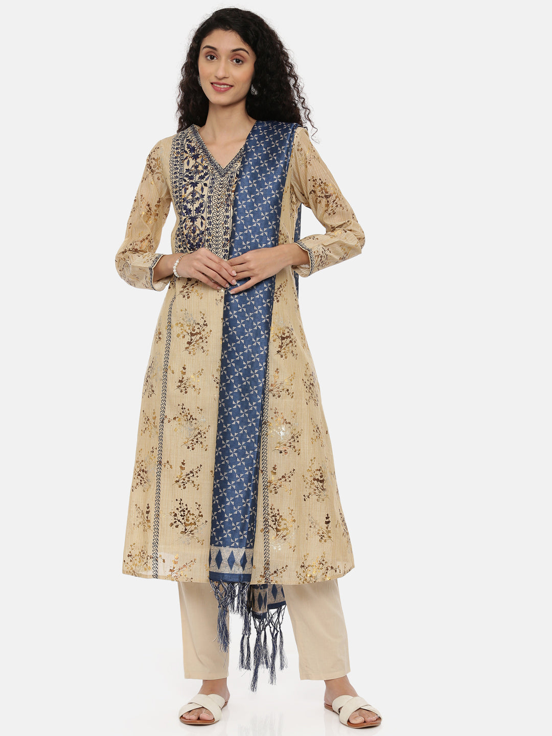 Neeru's Beige Embroidered Kurta With Pant & Dupatta