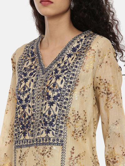 Neeru's Beige Embroidered Kurta With Pant & Dupatta