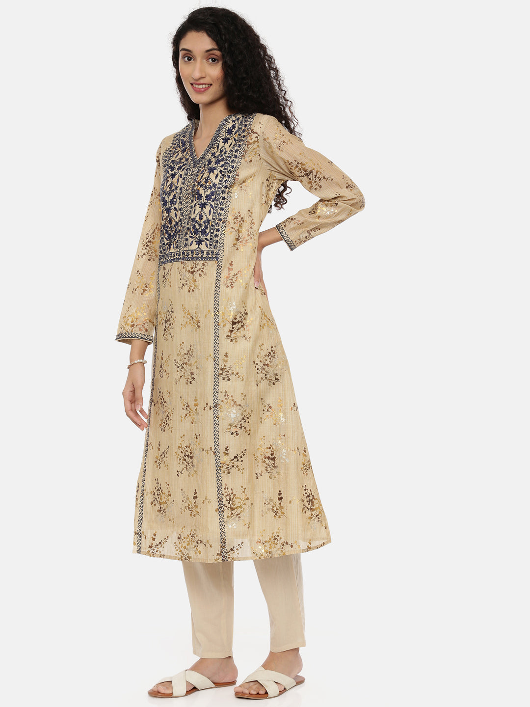 Neeru's Beige Embroidered Kurta With Pant & Dupatta