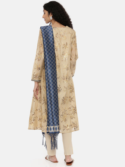 Neeru's Beige Embroidered Kurta With Pant & Dupatta