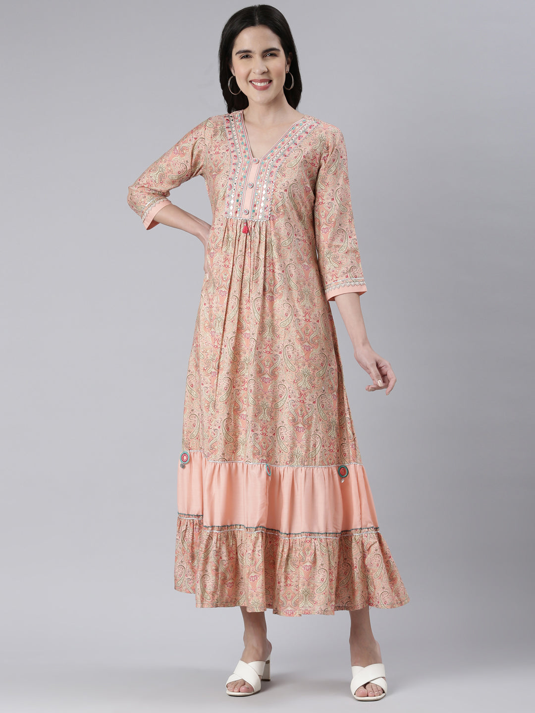 Neeru's Peach Maxi Casual Printed Dresses