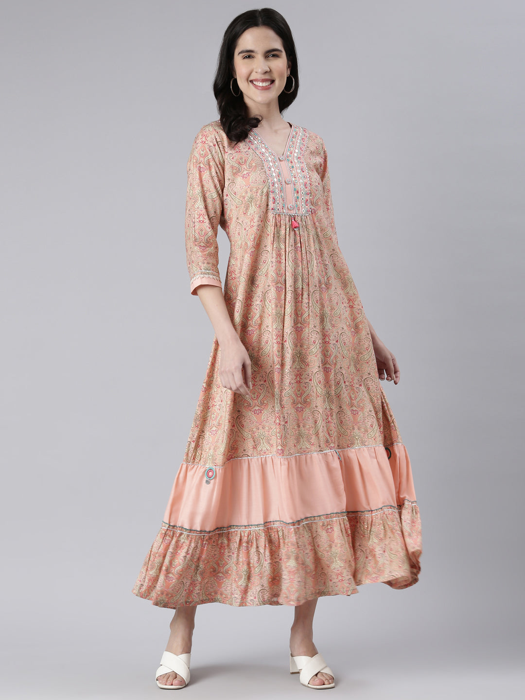 Neeru's Peach Maxi Casual Printed Dresses