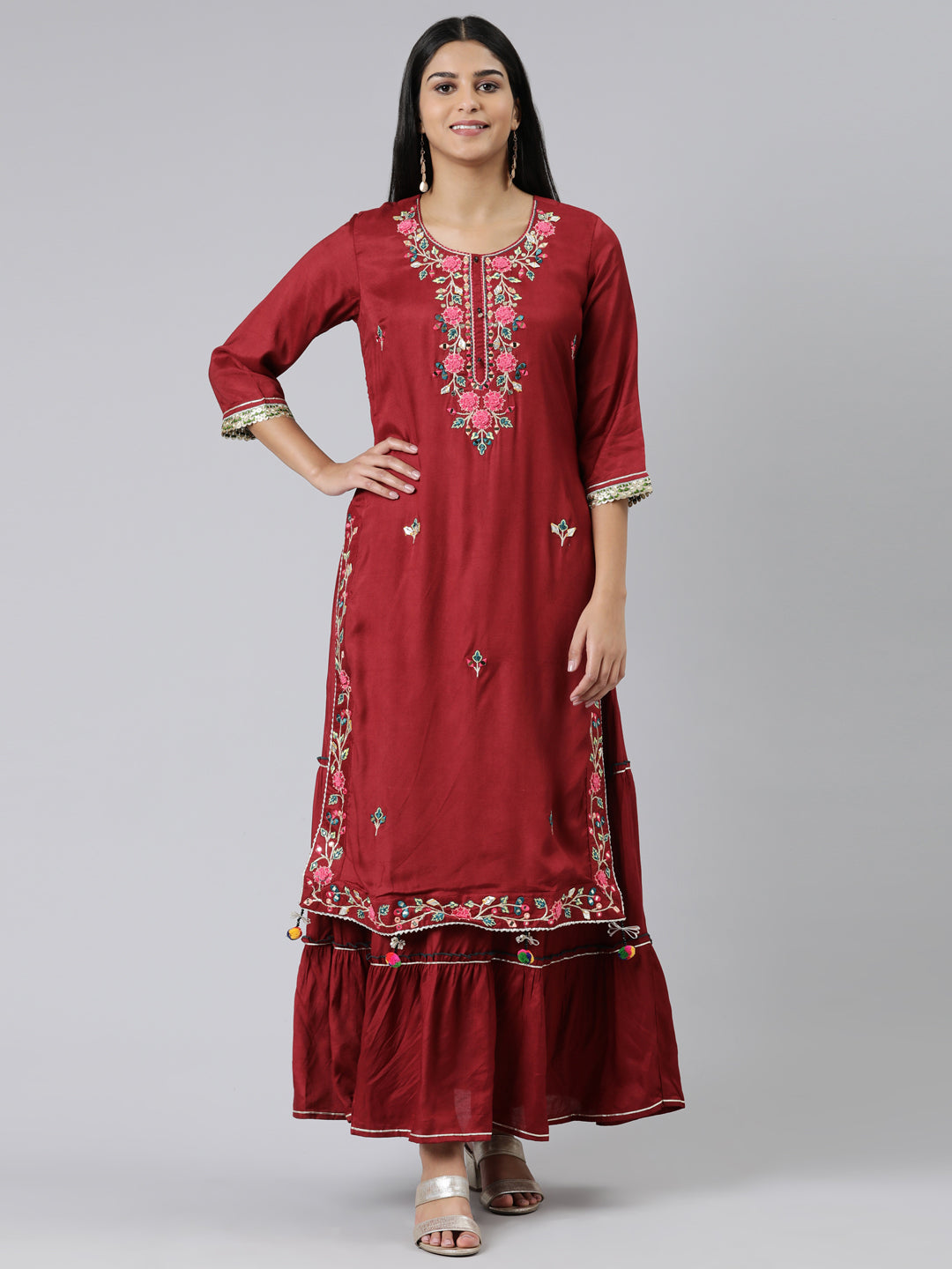 Neeru's Maroon Straight Embroidered Shantoon Kurtas