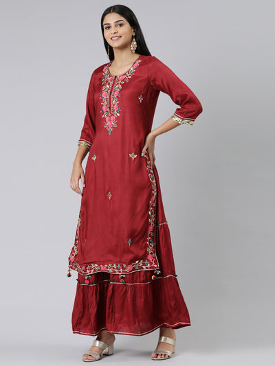 Neeru's Maroon Straight Embroidered Shantoon Kurtas