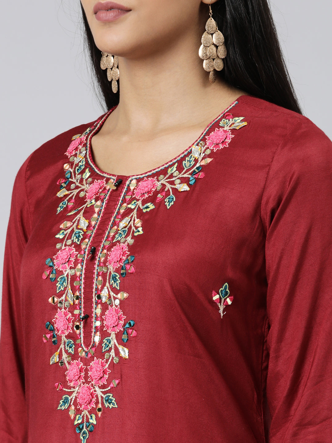 Neeru's Maroon Straight Embroidered Shantoon Kurtas