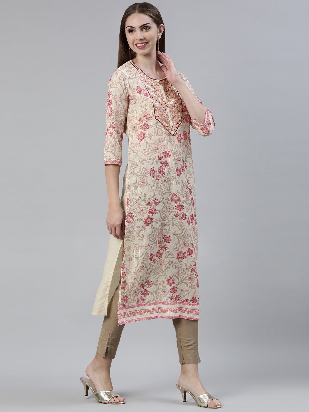 Neeru's Cream Straight Regular Blended Kurtas