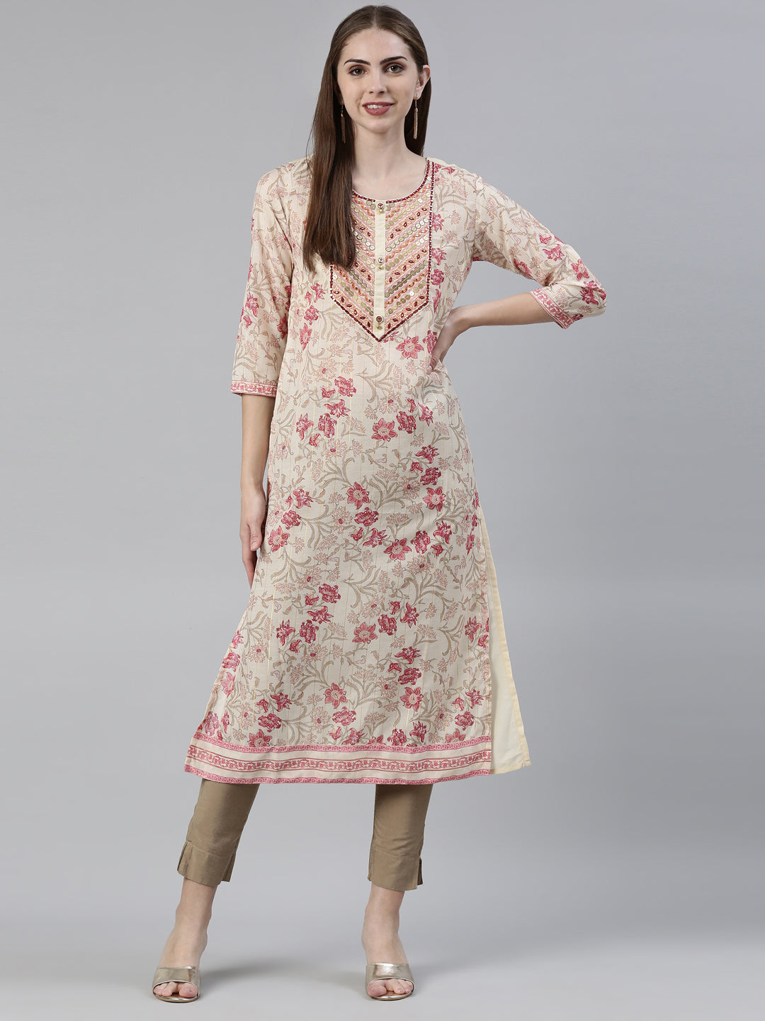 Neeru's Cream Straight Regular Blended Kurtas