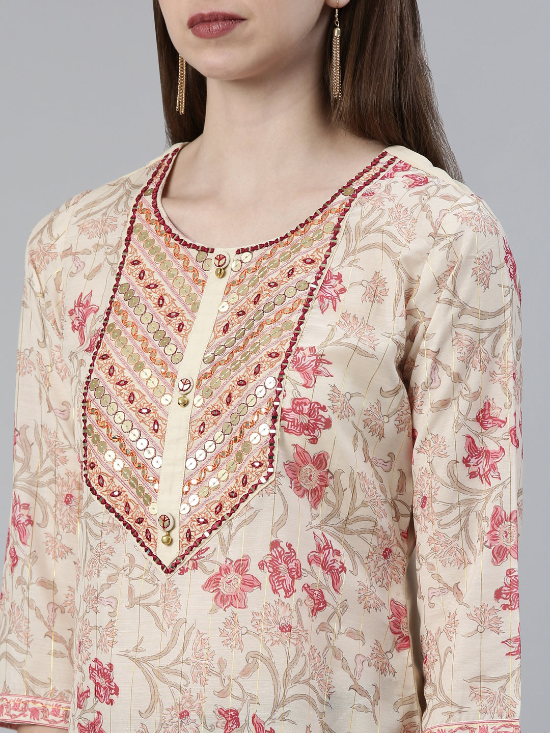 Neeru's Cream Straight Regular Blended Kurtas