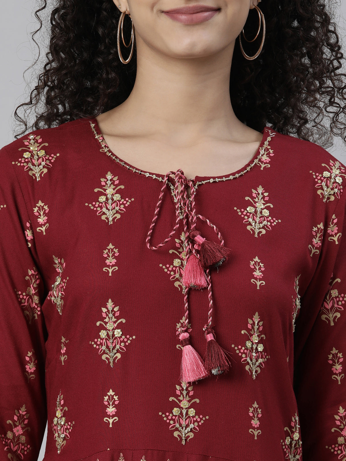 Neeru's Maroon Straight Ethnic Printed Dress