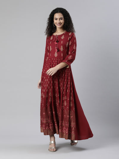 Neeru's Maroon Straight Ethnic Printed Dress