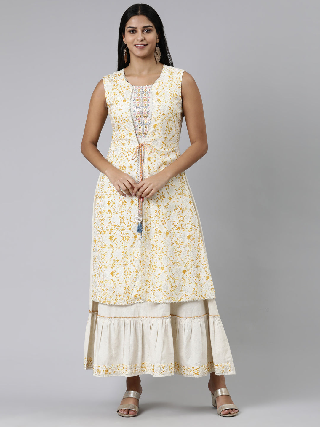 Neeru's Cream Straight Printed Viscose Rayon Kurtas