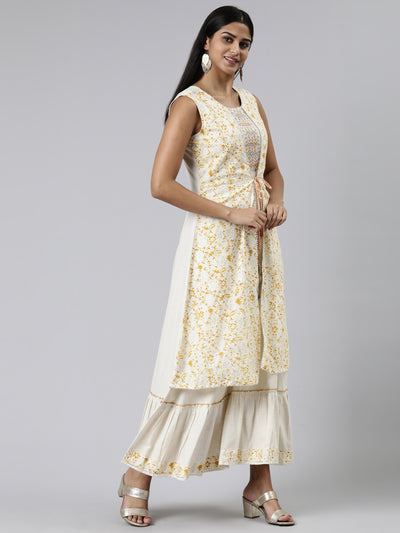 Neeru's Cream Straight Printed Viscose Rayon Kurtas