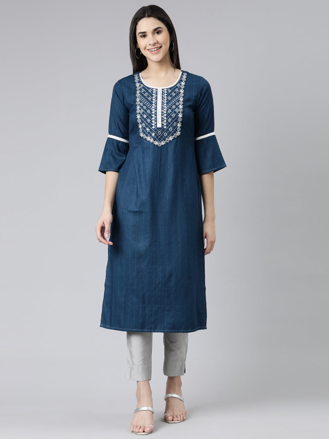 Neeru's Blue Straight Solid Cotton Kurtas