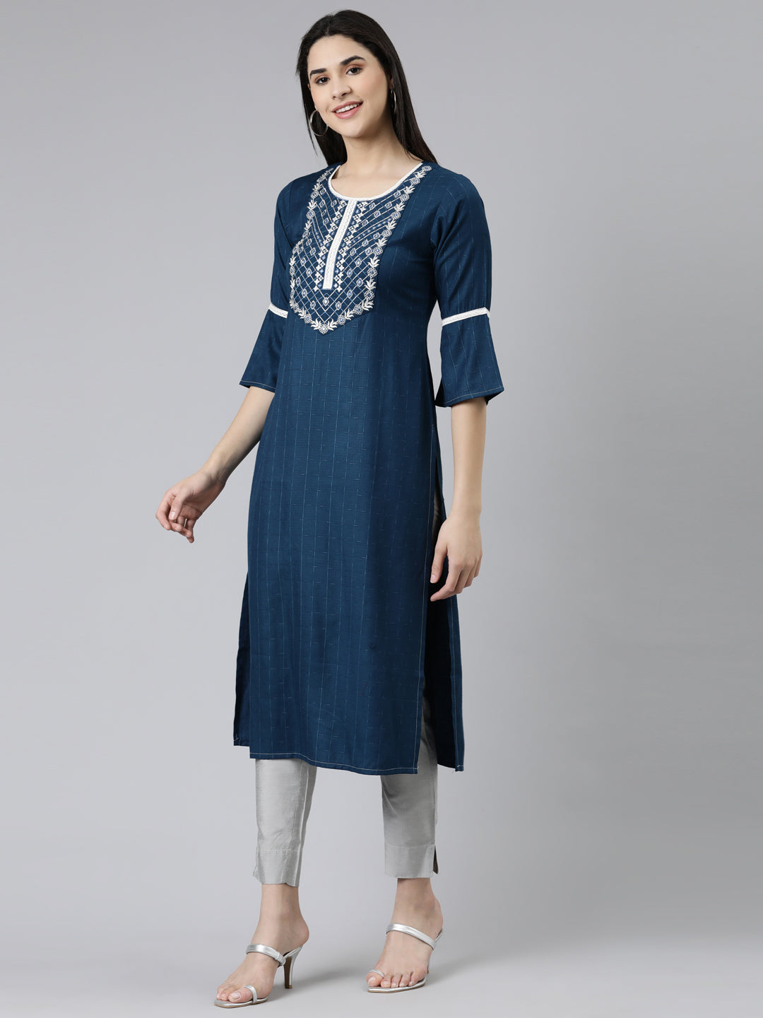 Neeru's Blue Straight Solid Cotton Kurtas