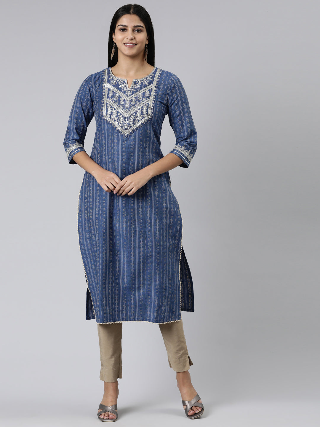 Neeru's Blue Straight Printed Viscose Rayon Kurtas