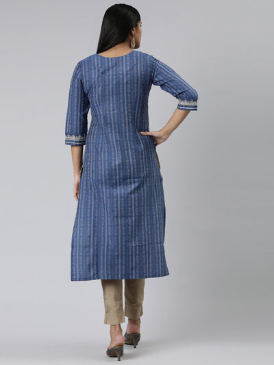 Neeru's Blue Straight Printed Viscose Rayon Kurtas