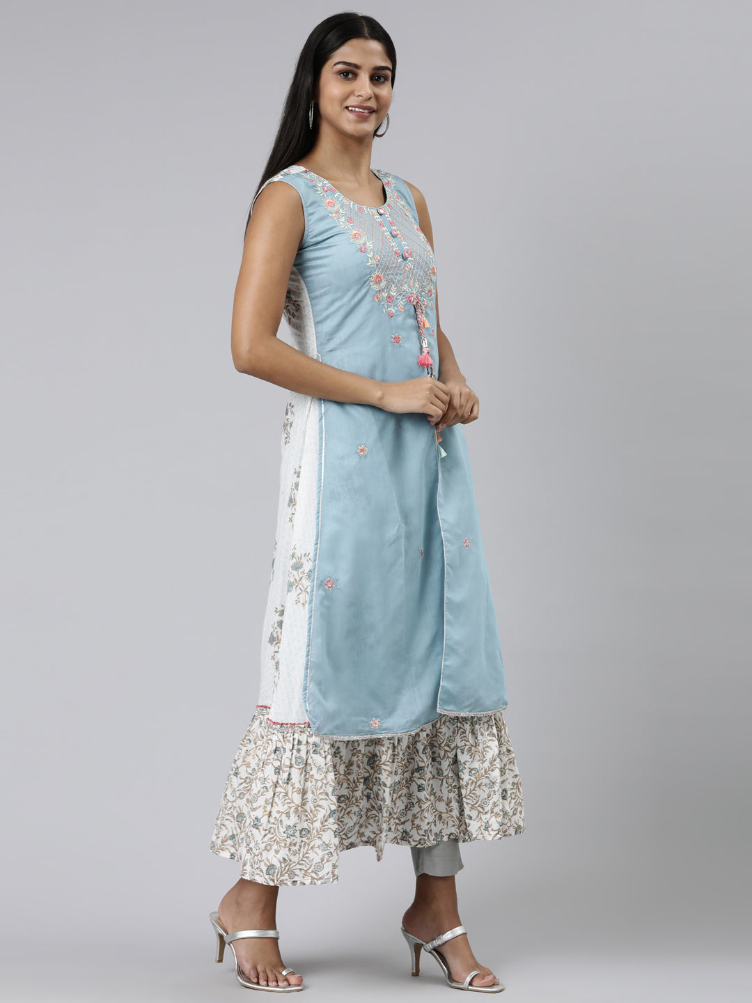 Neeru's Green Straight Embroidered Raw Silk Kurtas