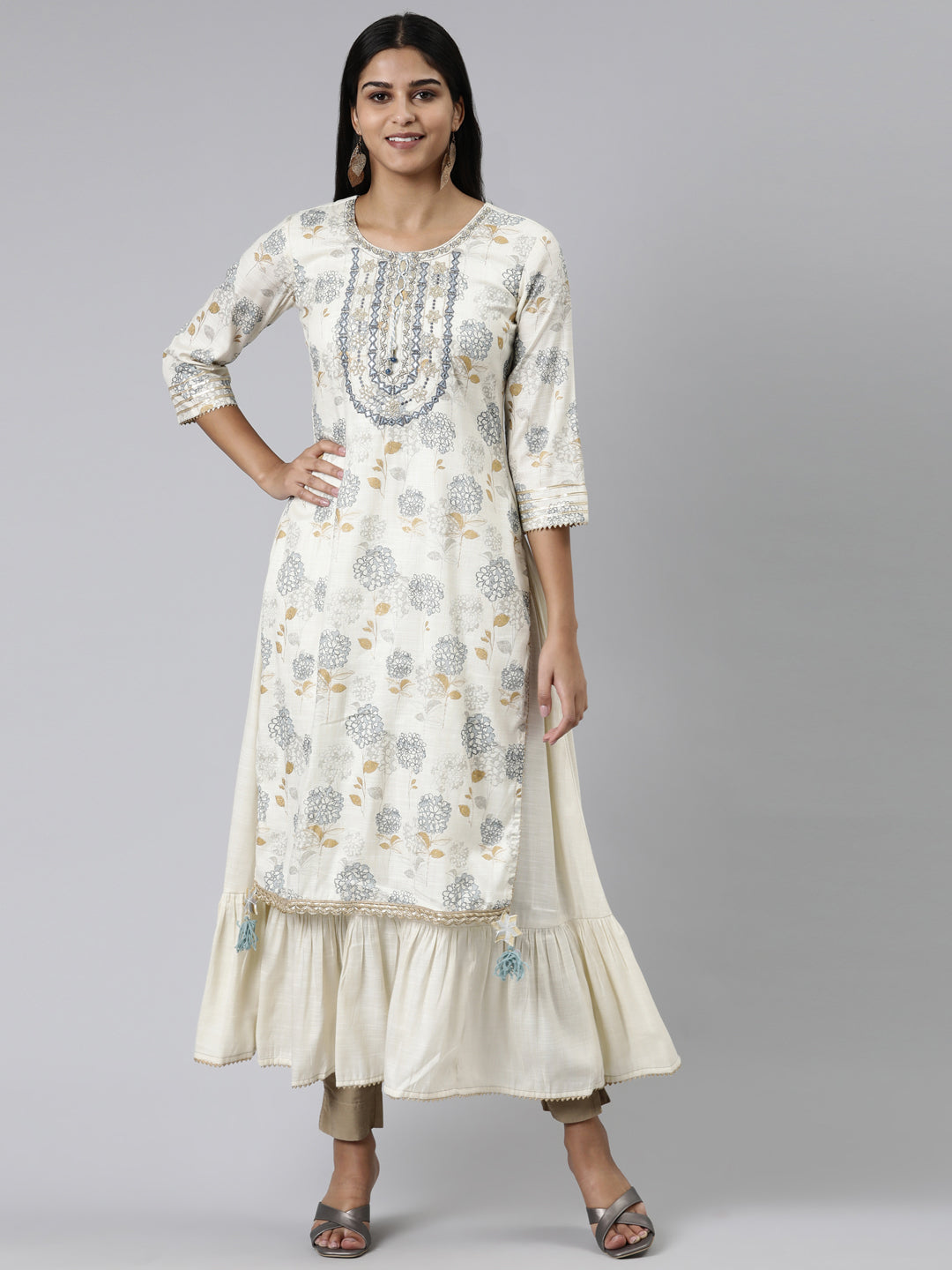 Neeru's Cream Straight Printed Viscose Rayon Kurtas