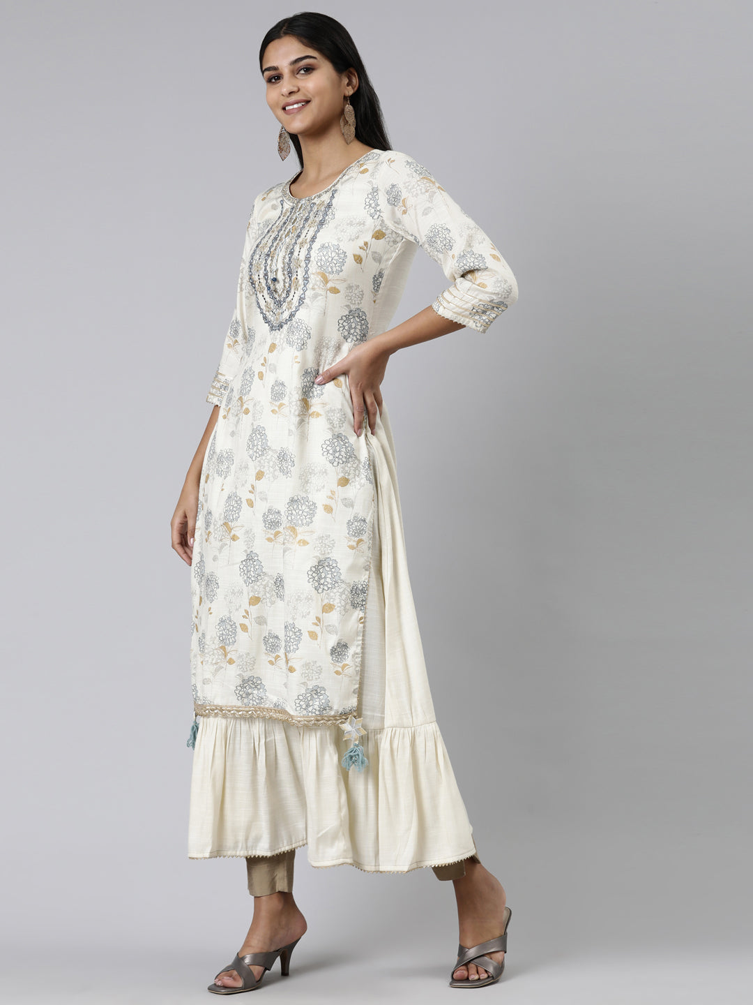 Neeru's Cream Straight Printed Viscose Rayon Kurtas