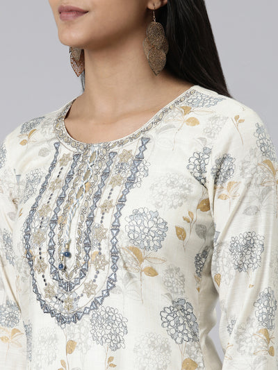 Neeru's Cream Straight Printed Viscose Rayon Kurtas