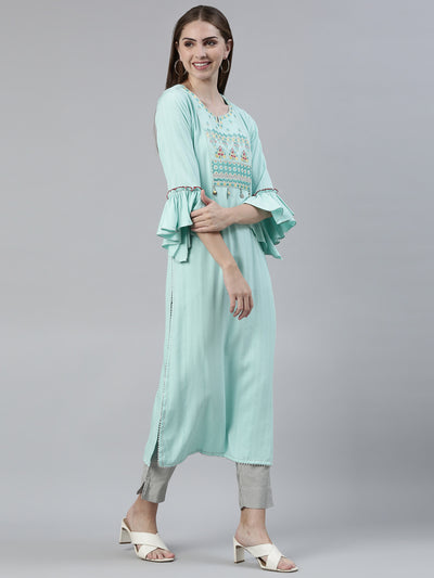 Neeru's Sea Green Straight Regular Viscose Rayon Kurtas