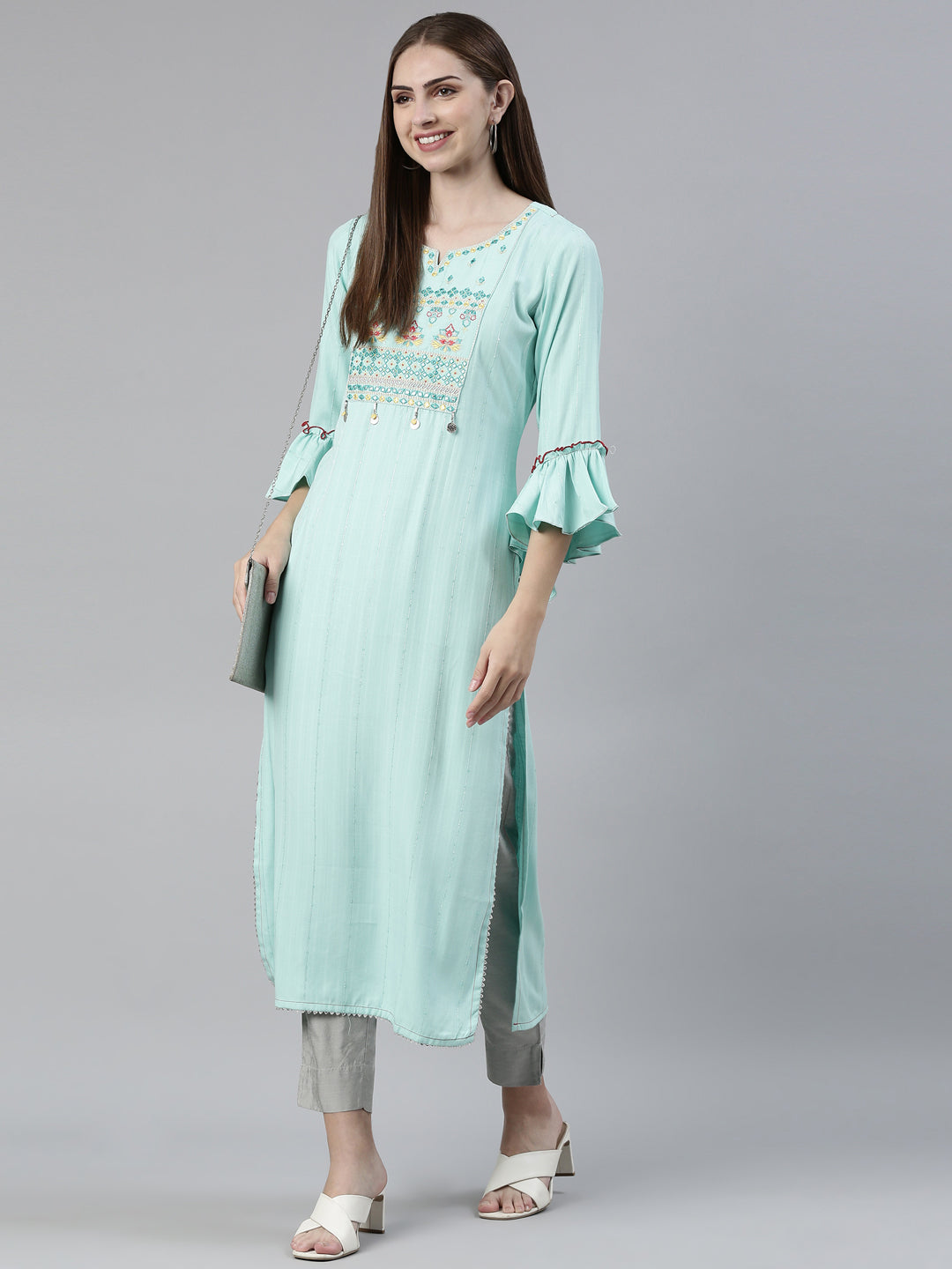 Neeru's Sea Green Straight Regular Viscose Rayon Kurtas