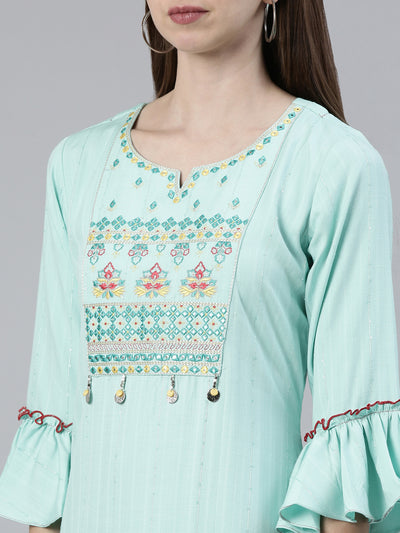 Neeru's Sea Green Straight Regular Viscose Rayon Kurtas