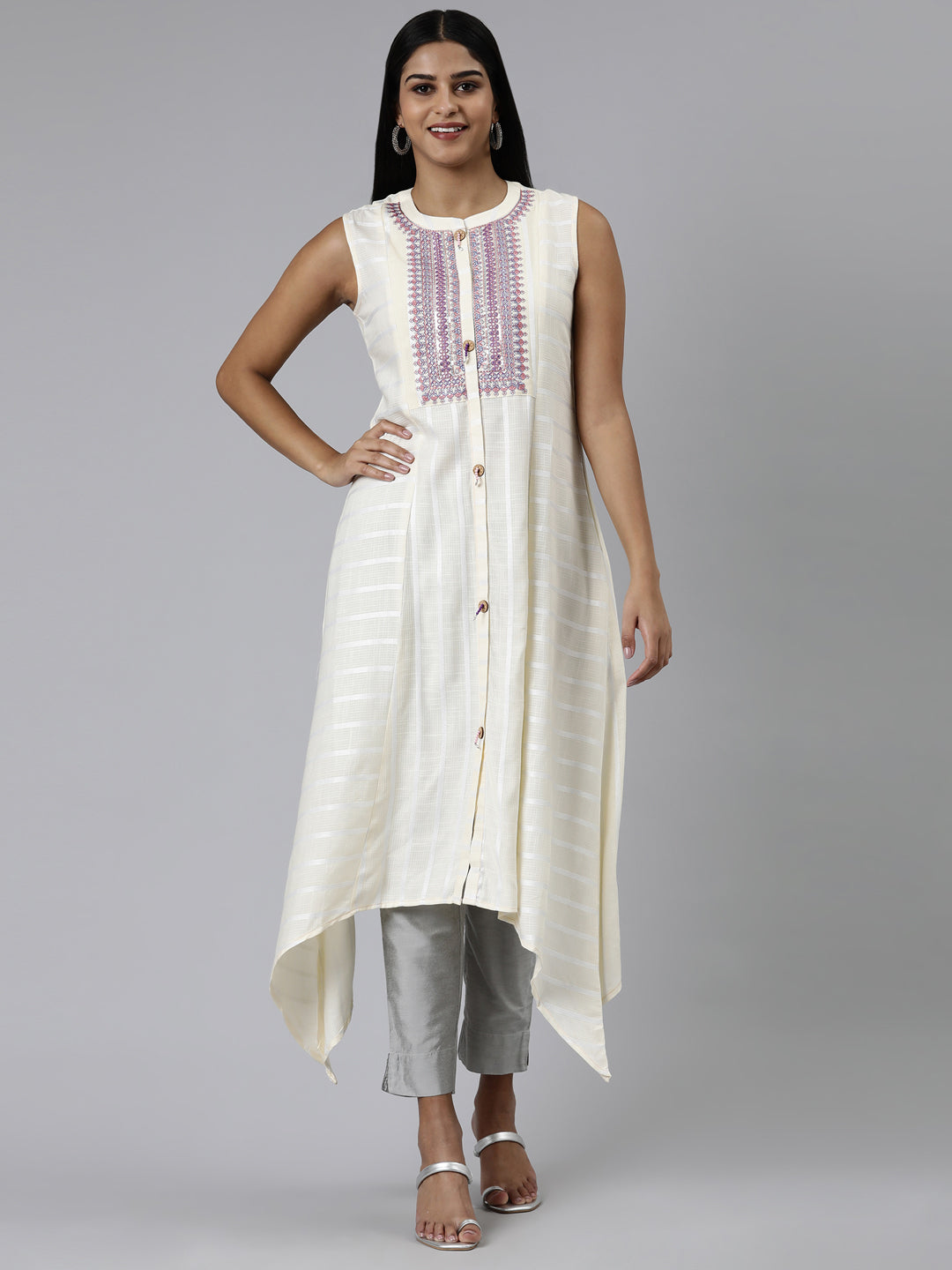 Neeru's Cream Curved Embroidered Viscose Rayon Kurtas