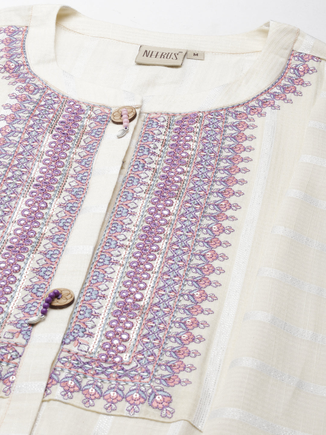 Neeru's Cream Curved Embroidered Viscose Rayon Kurtas