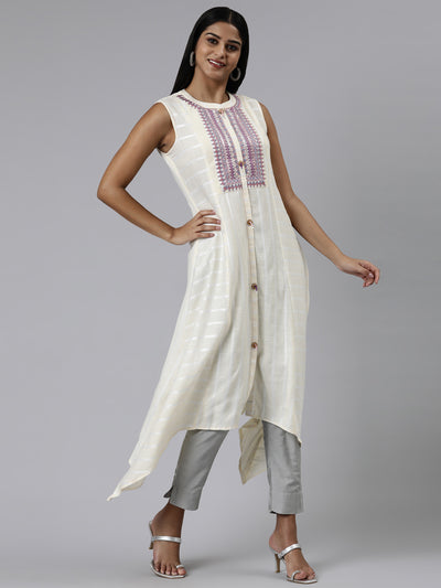 Neeru's Cream Curved Embroidered Viscose Rayon Kurtas