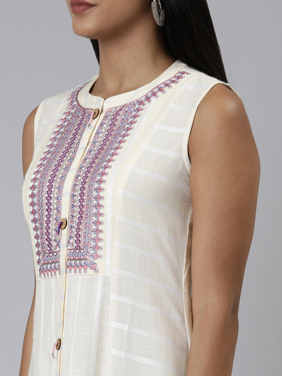 Neeru's Cream Curved Embroidered Viscose Rayon Kurtas