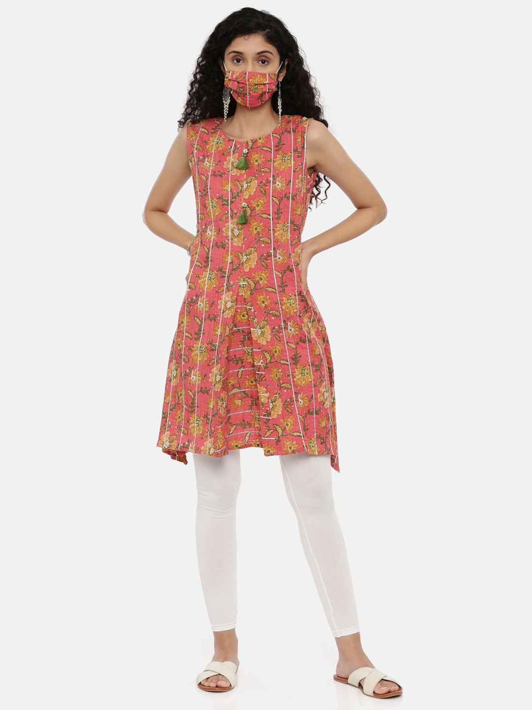 Neeru's Pink Printed A Line Kurta With Mask