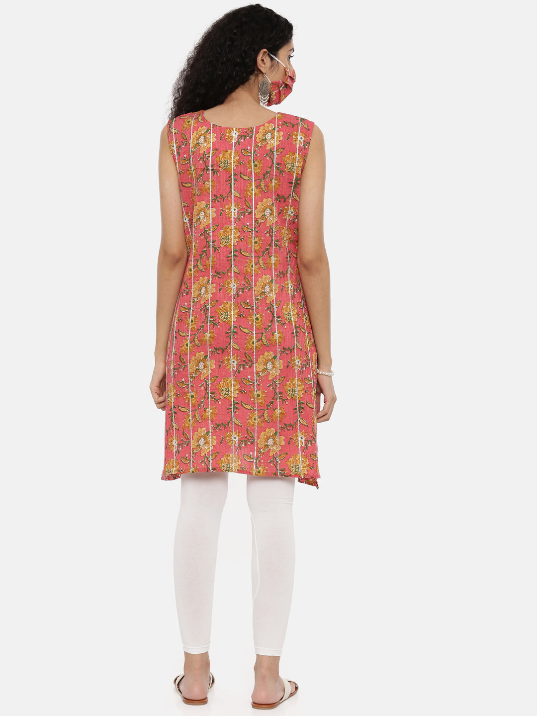 Neeru's Pink Printed A Line Kurta With Mask