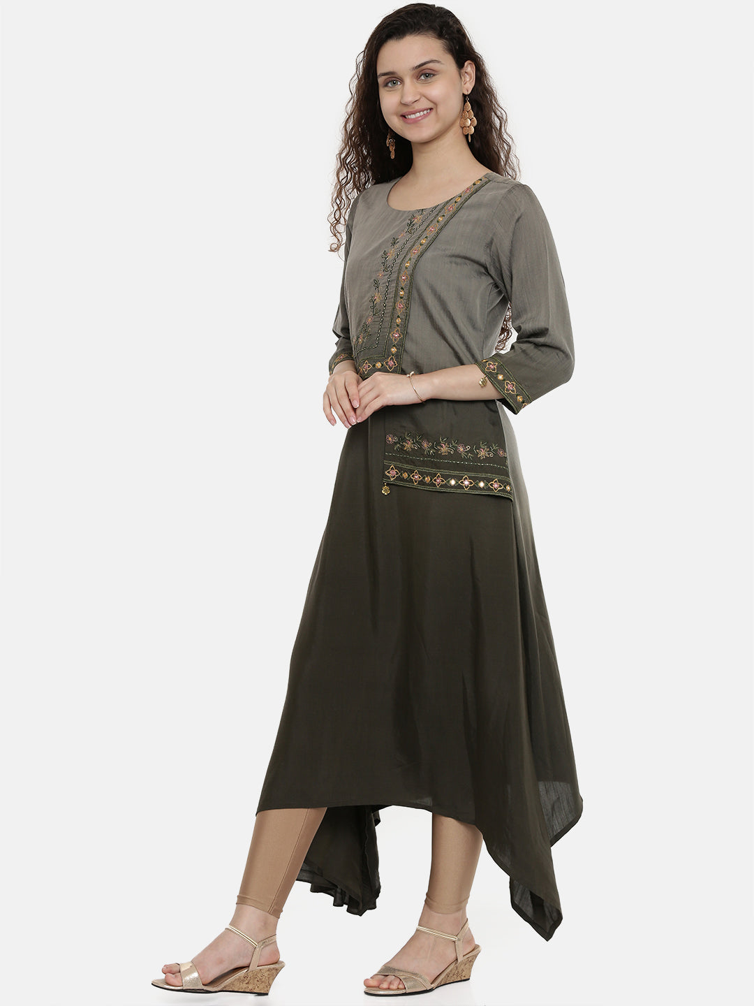 Neeru's Women Grey Embroidered A-Line Asymmetric Kurta