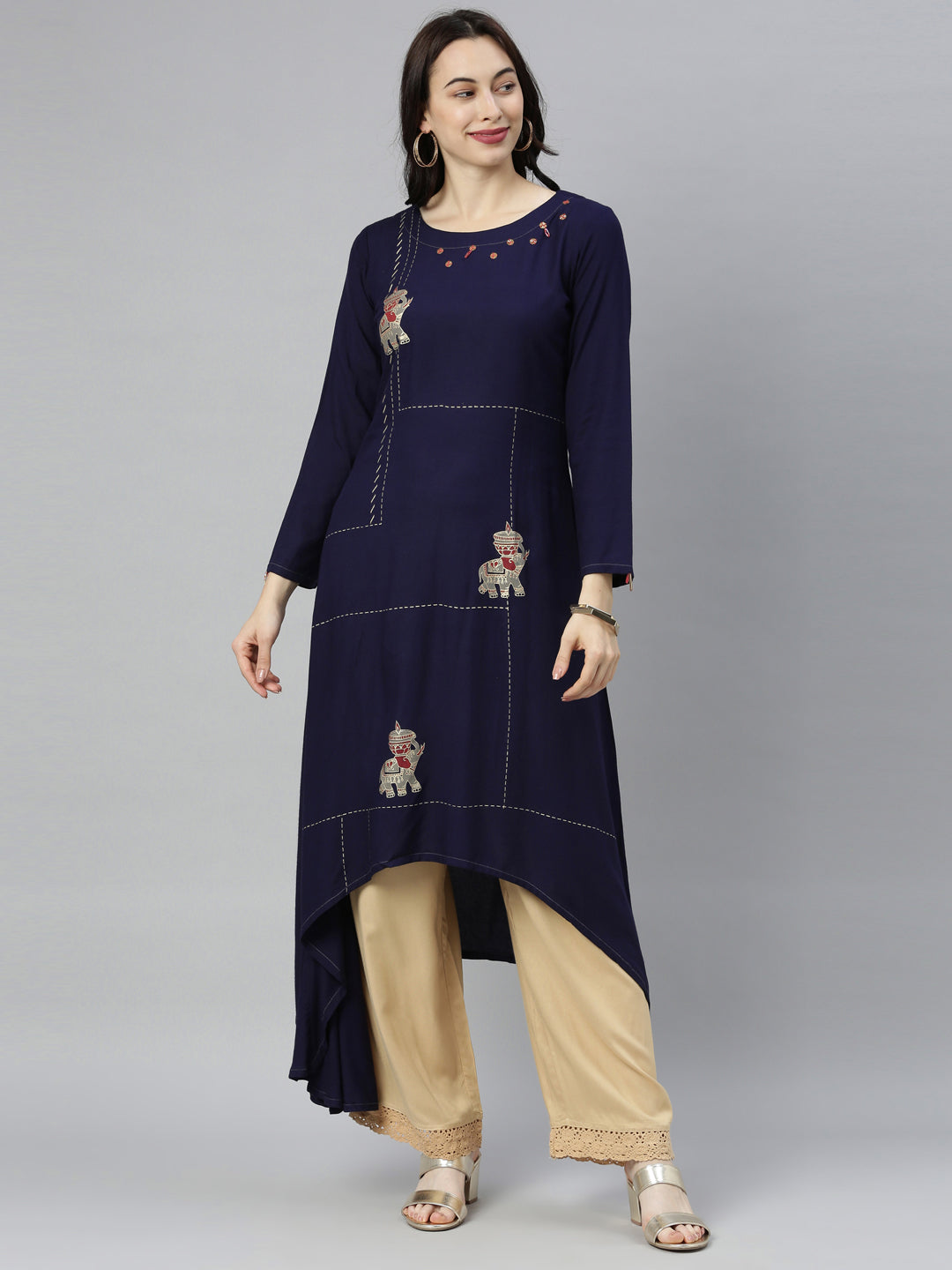 Neeru's Navy Blue Straight Casual Printed Kurta