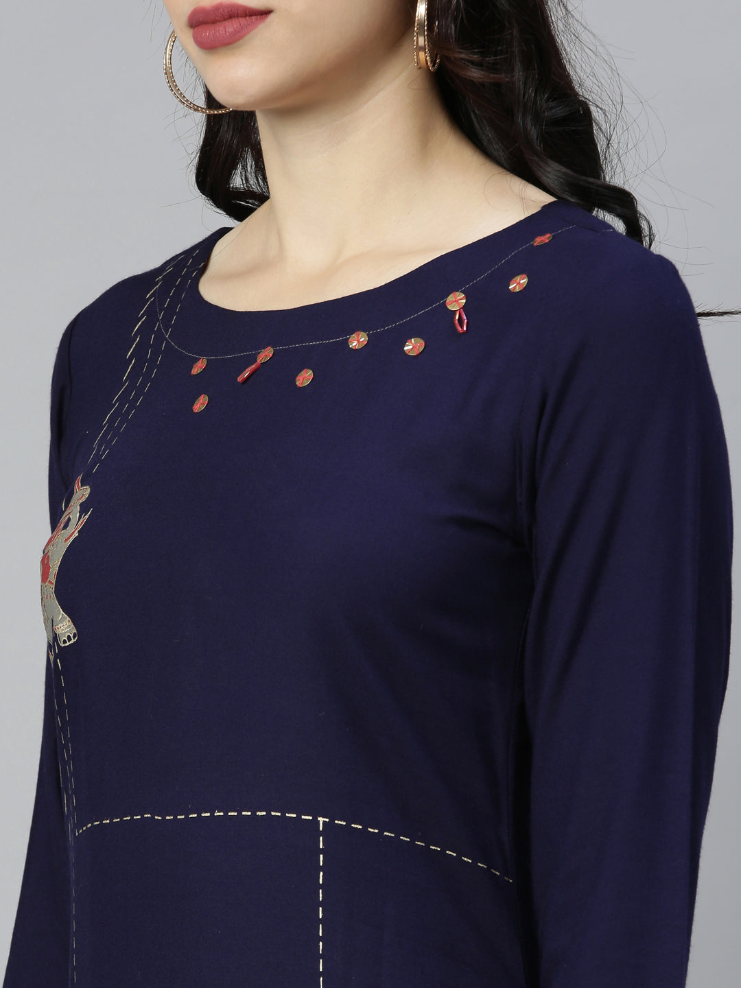 Neeru's Navy Blue Straight Casual Printed Kurta