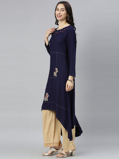 Neeru's Navy Blue Straight Casual Printed Kurta