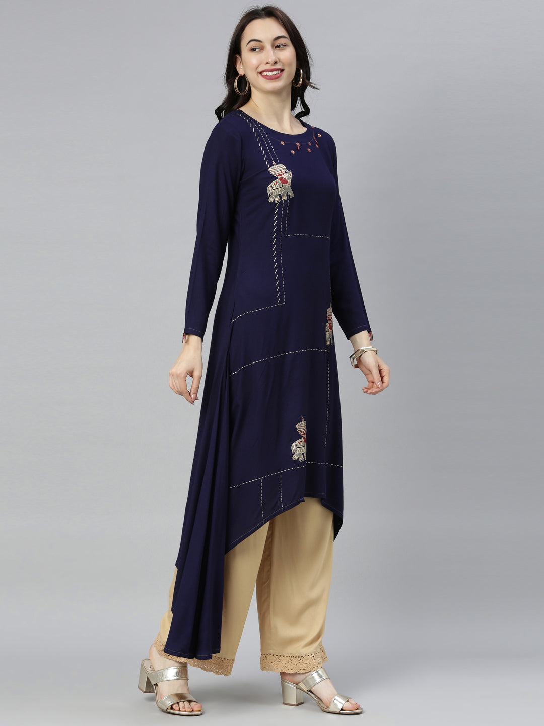 Neeru's Navy Blue Straight Casual Printed Kurta