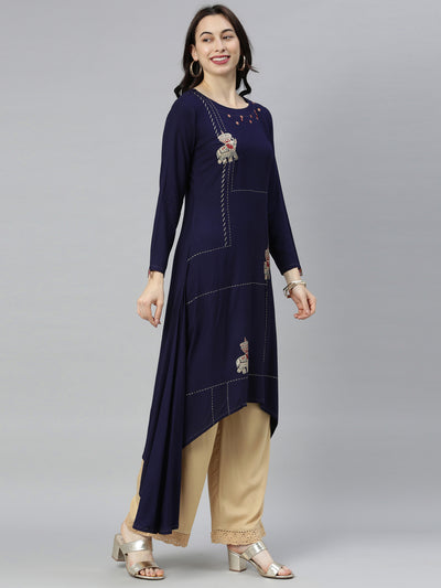 Neeru's Navy Blue Straight Casual Printed Kurta