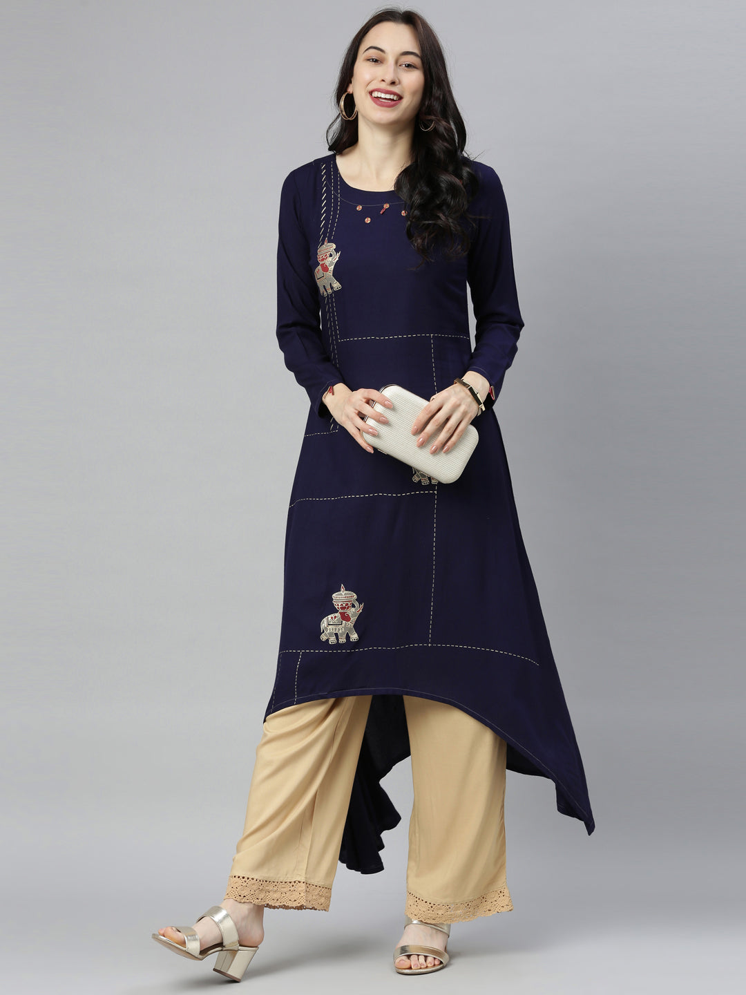 Neeru's Navy Blue Straight Casual Printed Kurta