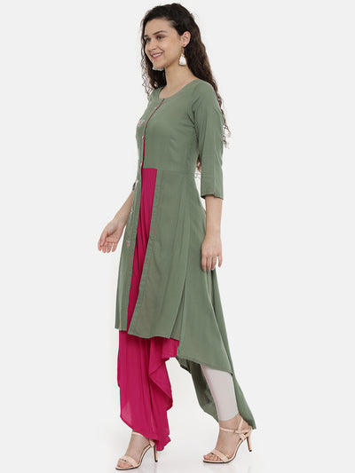 Neeru's Women Grey Pink Printed A-Line Asymmetric Layered Kurta