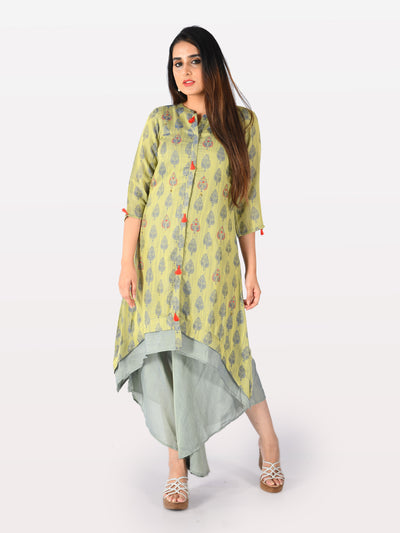 Neeru's Green Printed High Low Double Layered Kurta