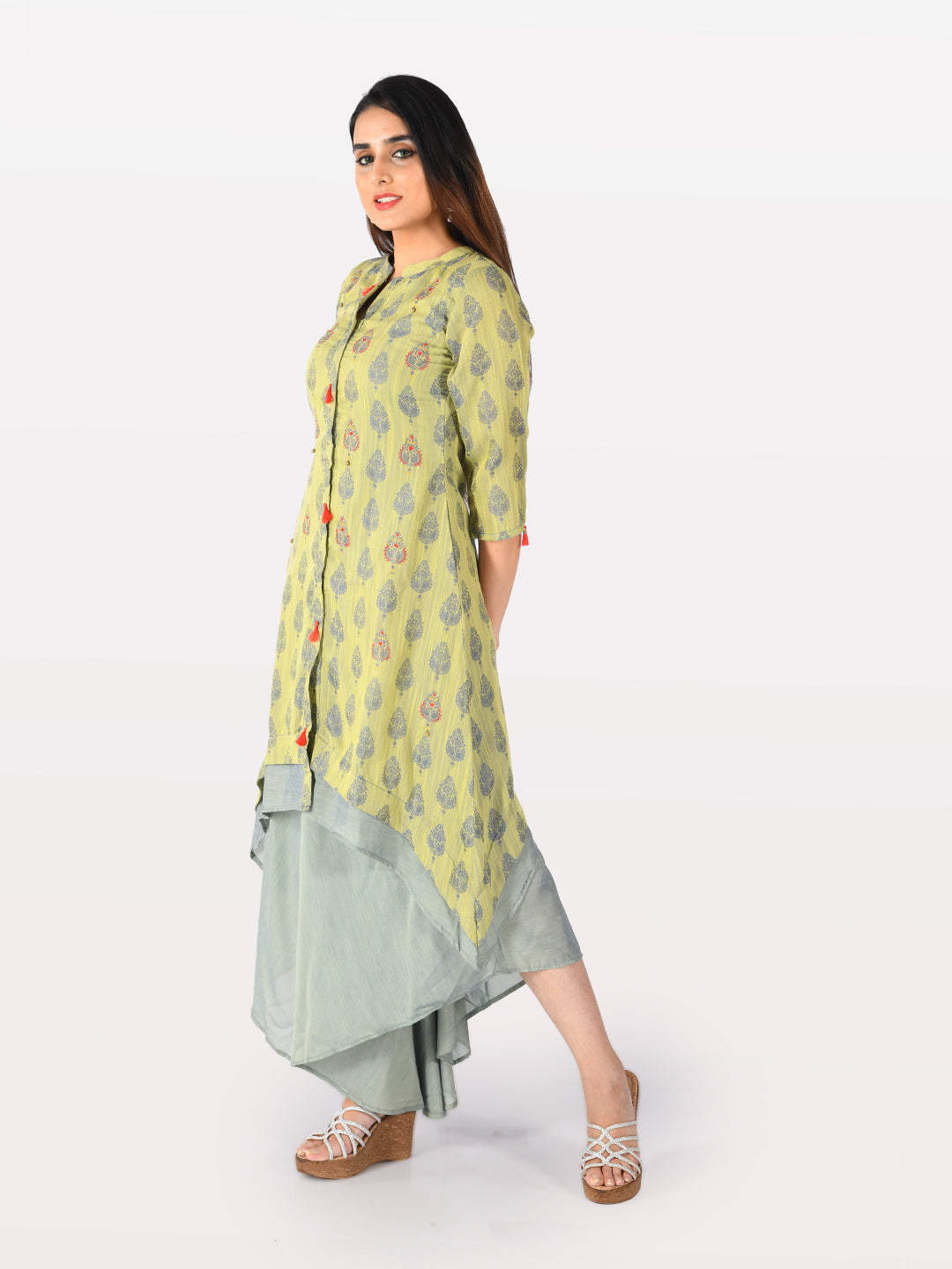 Neeru's Green Printed High Low Double Layered Kurta