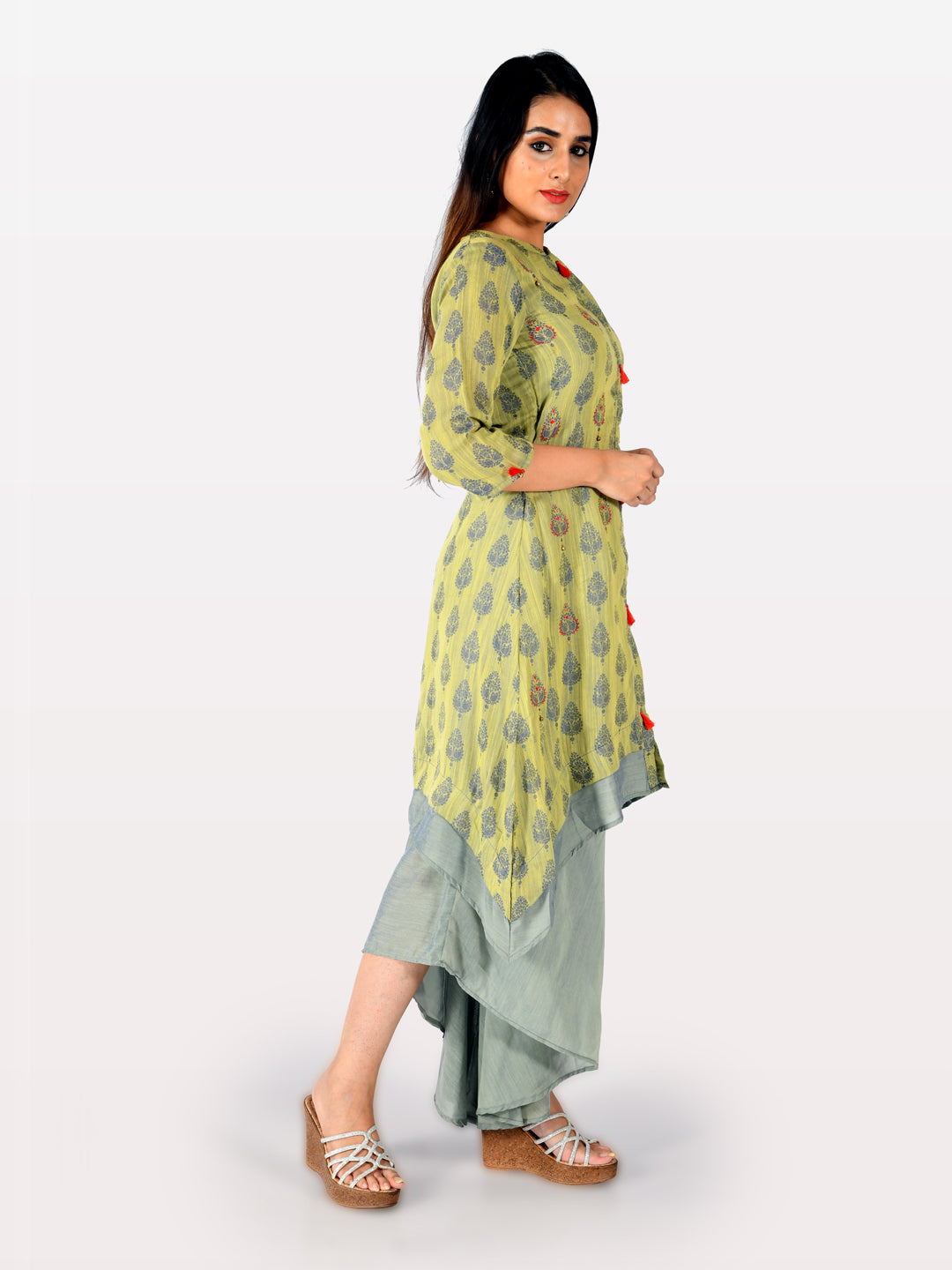 Neeru's Green Printed High Low Double Layered Kurta