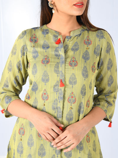 Neeru's Green Printed High Low Double Layered Kurta