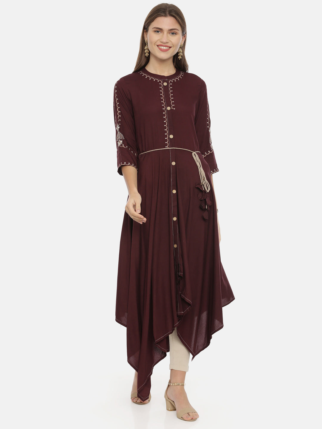 Neeru's Brown Embroidered High Low Kurta