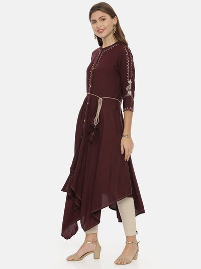 Neeru's Brown Embroidered High Low Kurta