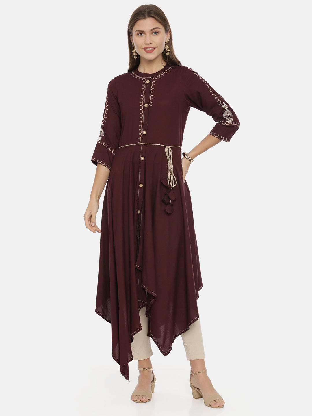 Neeru's Brown Embroidered High Low Kurta